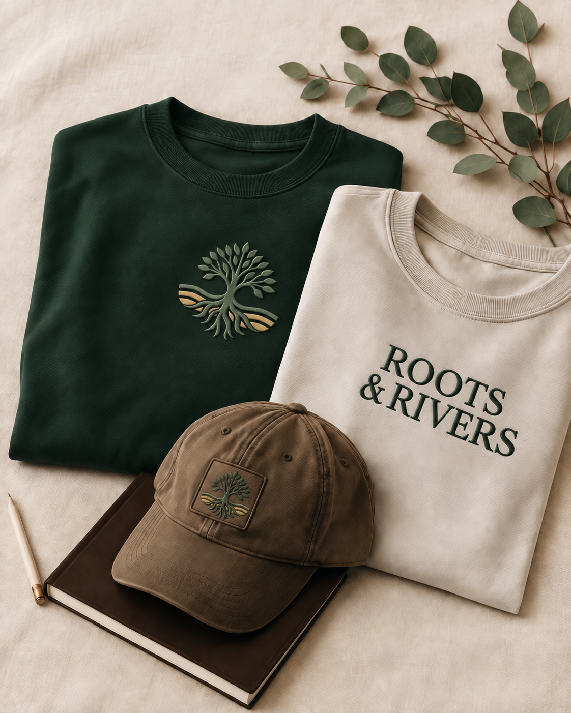 Apparel concepts: a forest green crewneck, a bone T-shirt and an olive cap arranged with eucalyptus and a notebook.